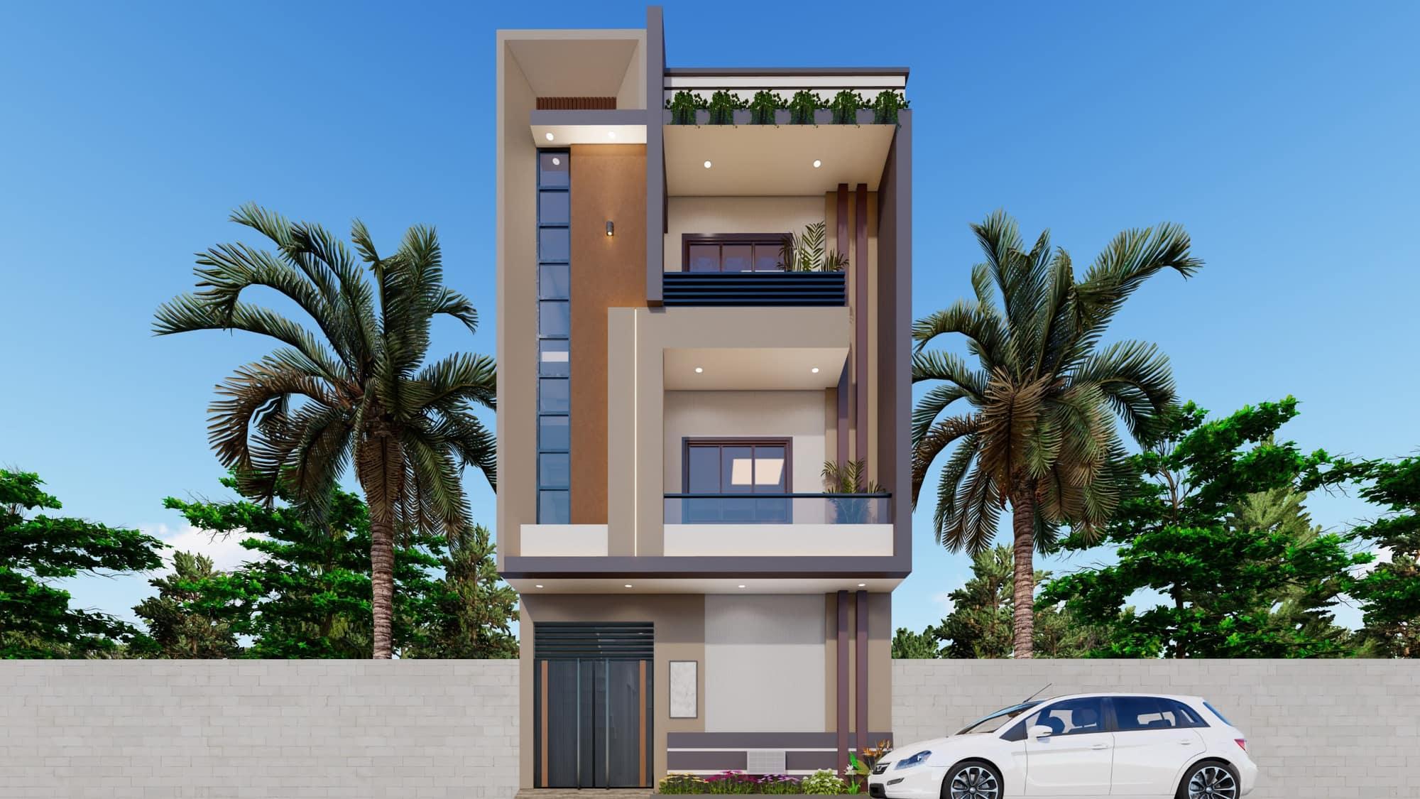 3D elevation render of a narrow-plot house with a glazed vertical stair strip and stacked balconies
