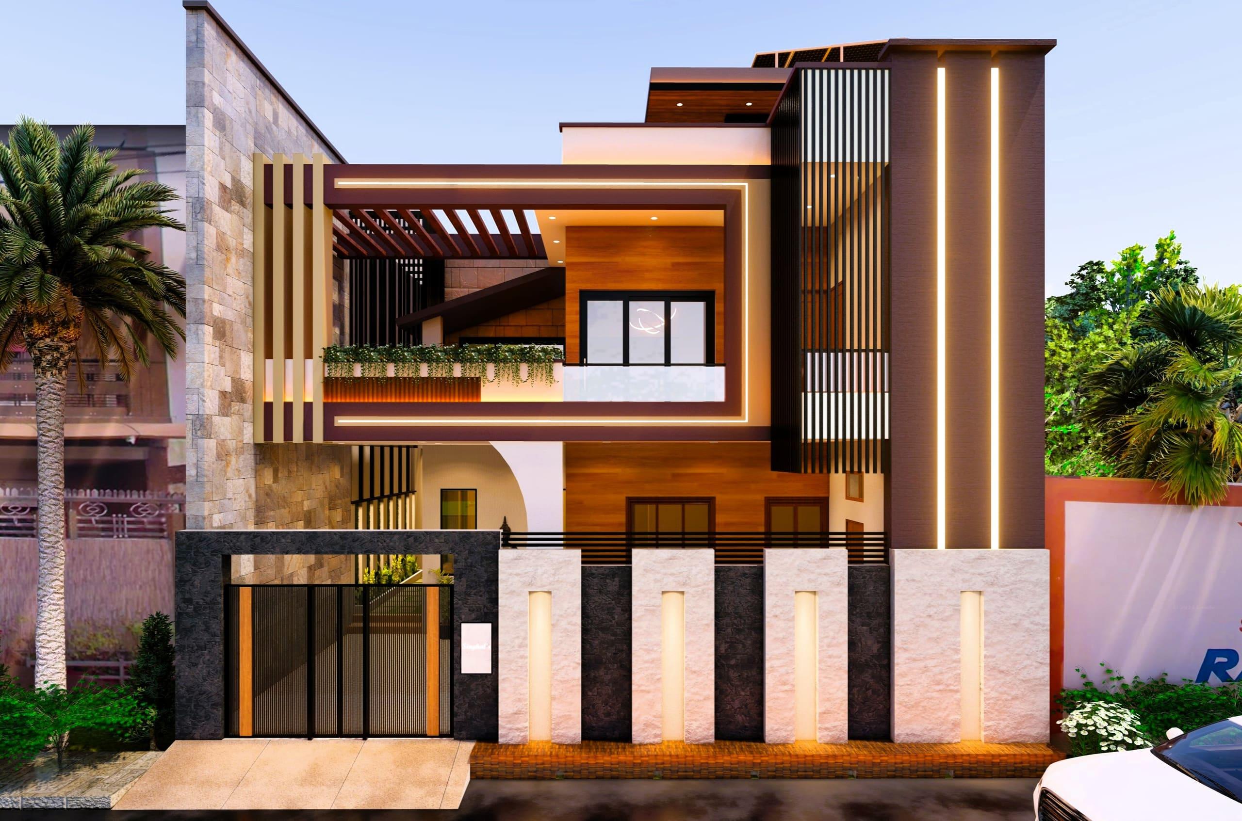 3D elevation render of a house with warm facade lighting, stone cladding and vertical wood fins