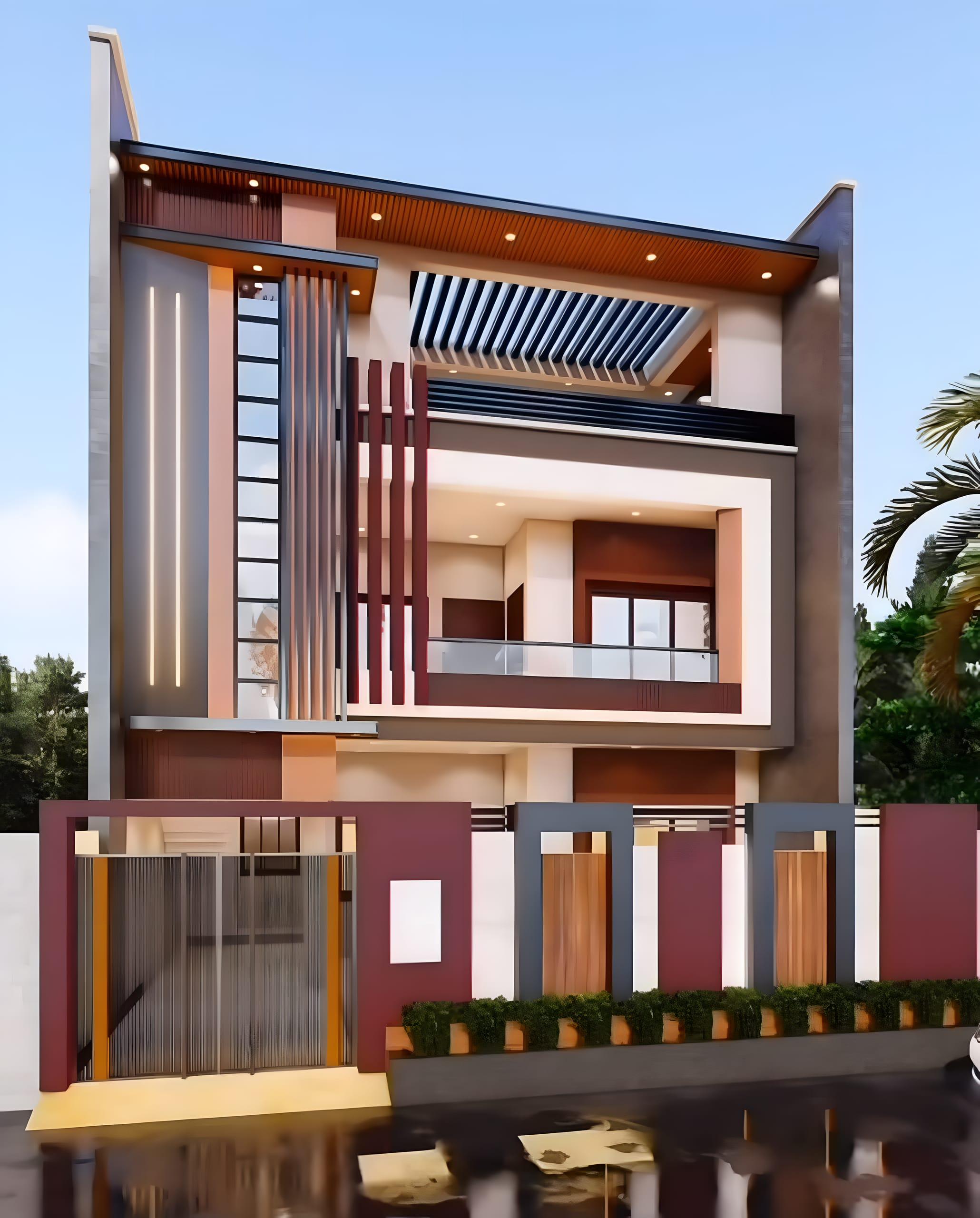 3D elevation render of a house with maroon vertical facade fins and a covered entrance porch