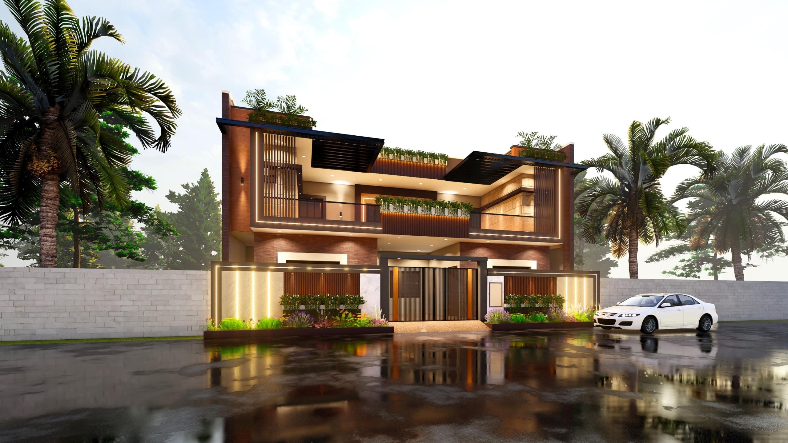 Warm-lit front elevation of a modern bungalow with wooden louvres