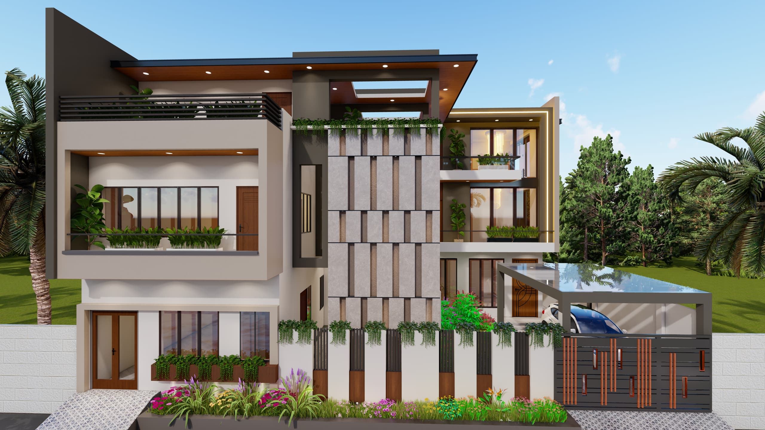 A three-storey beige front elevation with a glazed double-height balcony and a slatted-timber glass carport