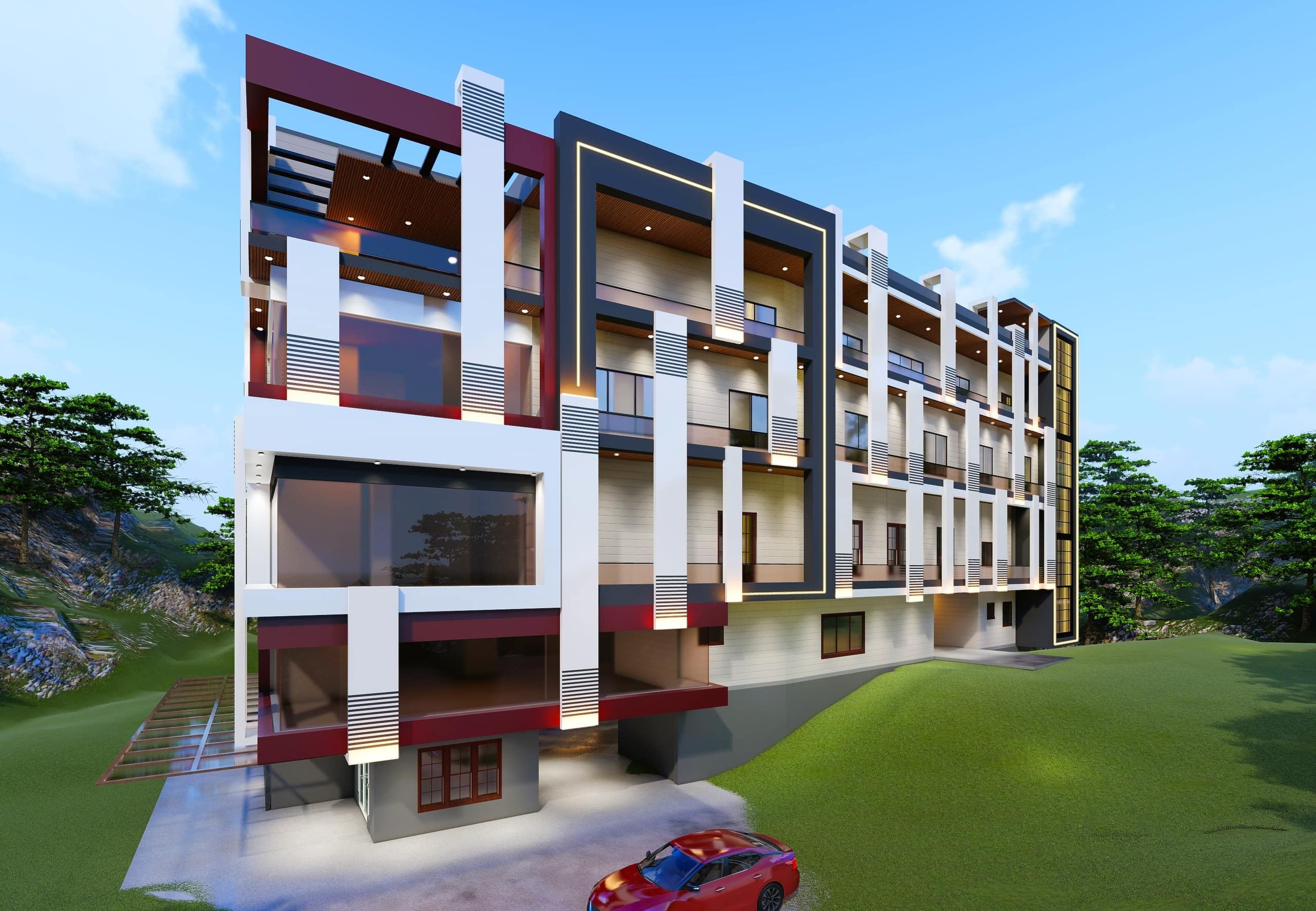 Multi-storey hotel elevation with warm facade lighting, daylight