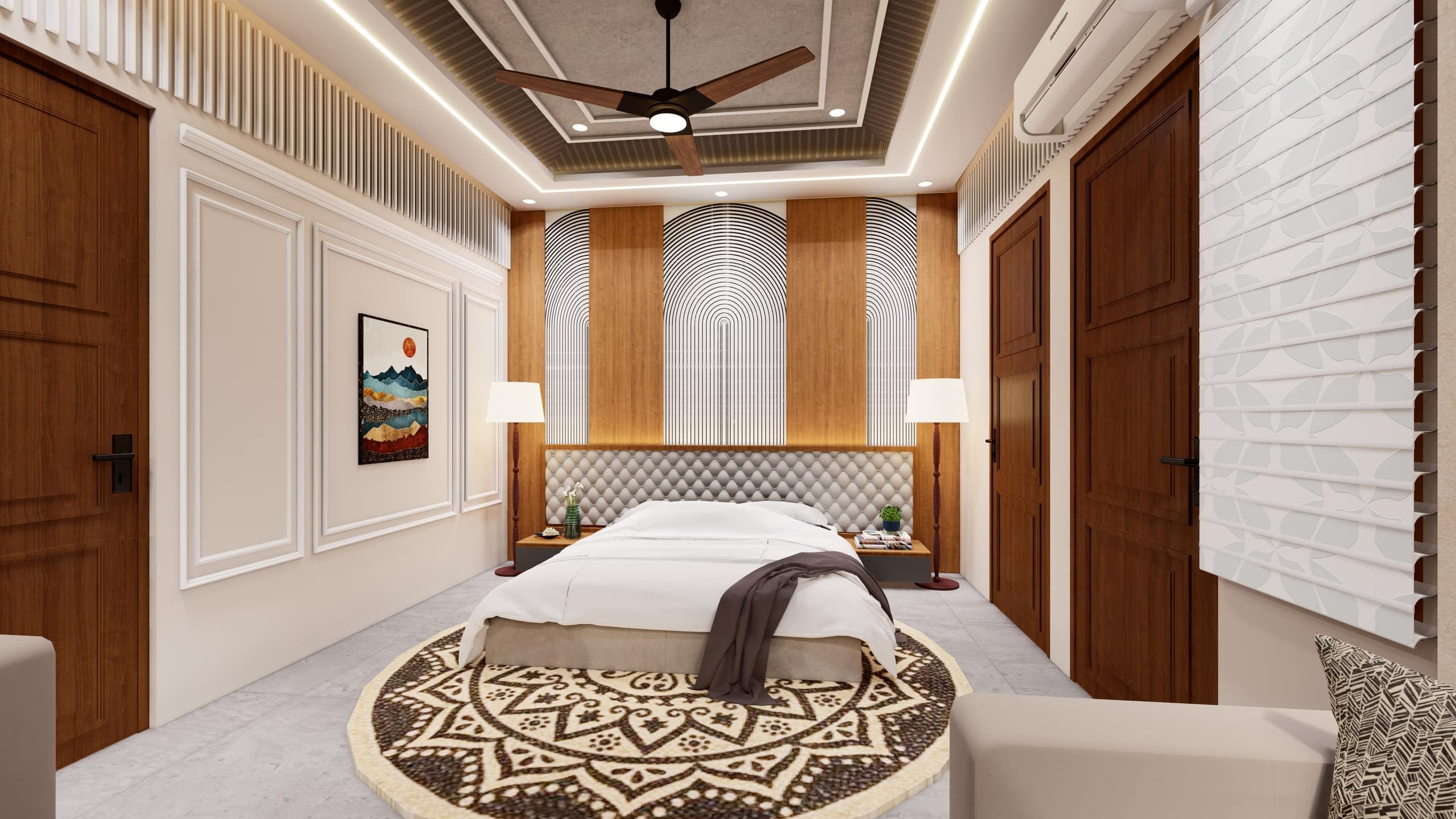 Modern bedroom with a backlit arched wood-panel headboard wall