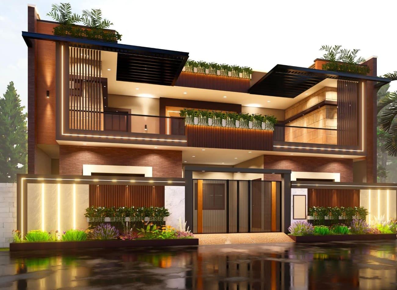 Warm-lit front elevation of a modern bungalow with wooden louvres, wet driveway reflecting the facade